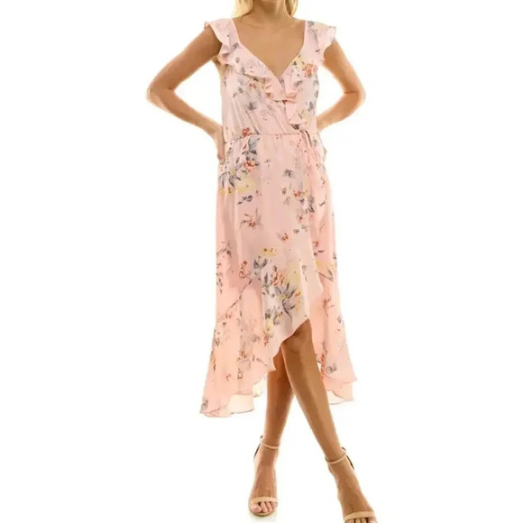 NWT Socialite Pink Floral Flutter Sleeve Ruffle V Wrap Front Hi-Lo Dress SZ M - Picture 1 of 9